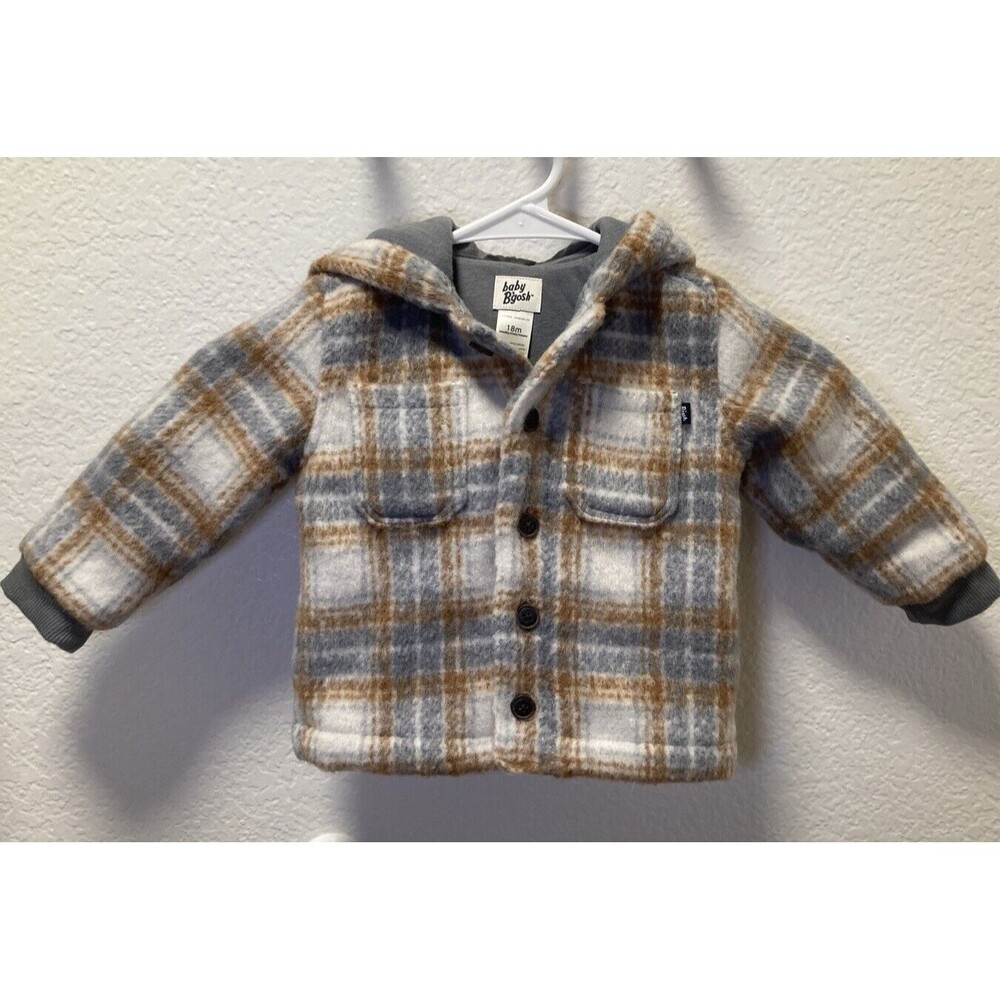 OSHKOSH Bgosh Infant Boy's Coat Tan Cream White Plaid Hood Thick Shacket 18M